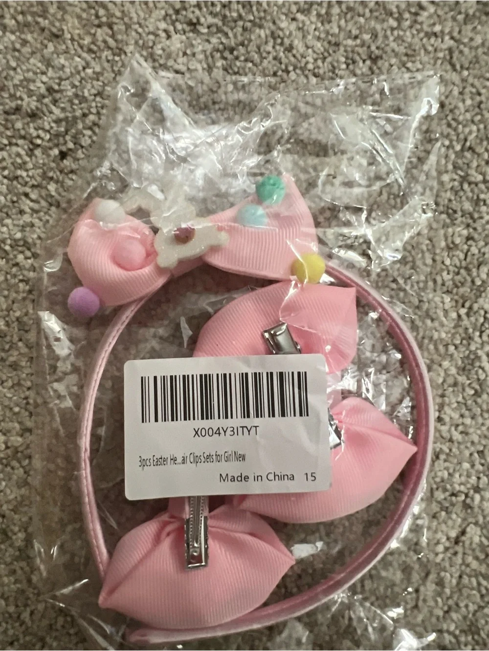 Girls Bunny Easter Pink Bows with rainbow, Headband and Clips Set NWT